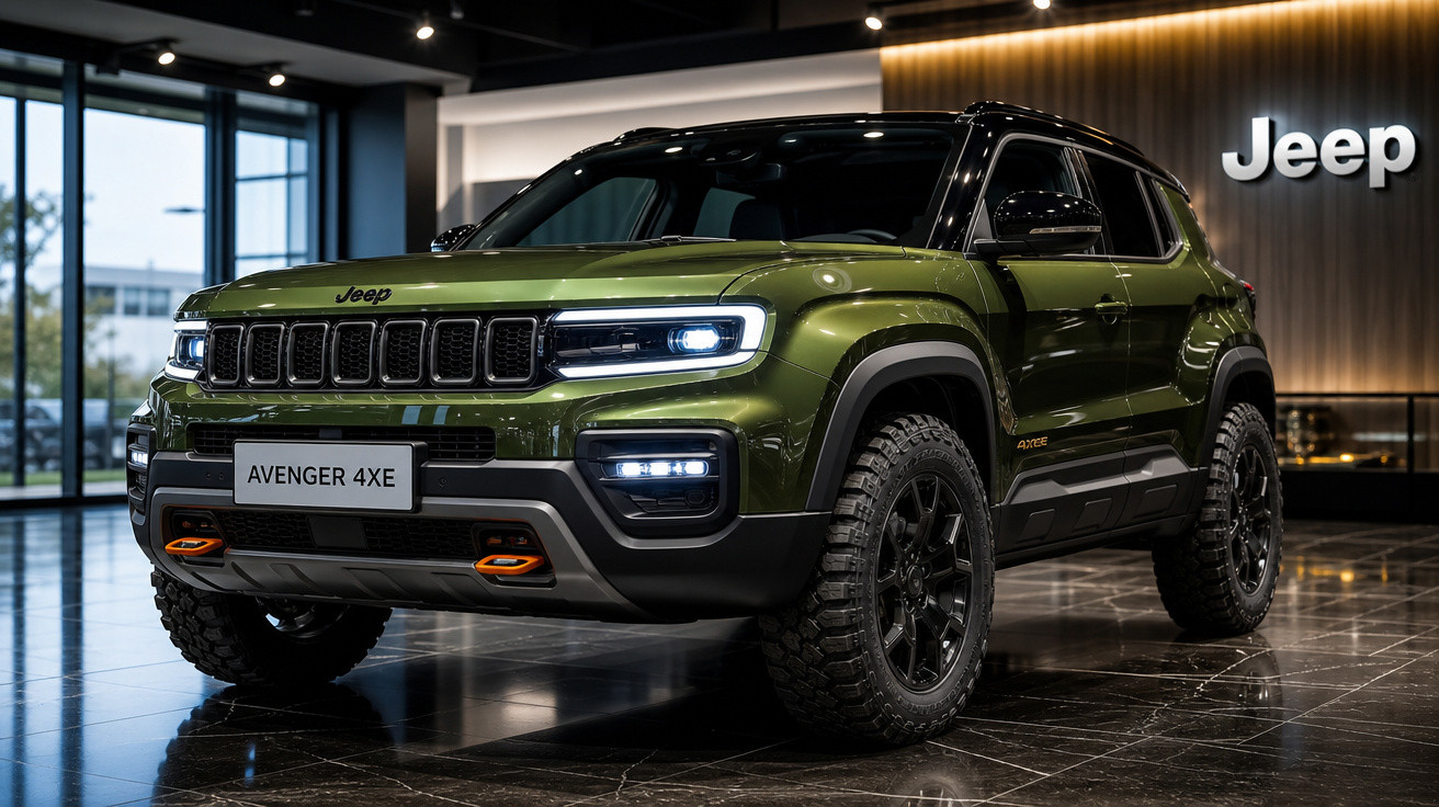 SUV verde Jeep Avenger 4XE estacionado em showroom com iluminação moderna e piso reflexivo.