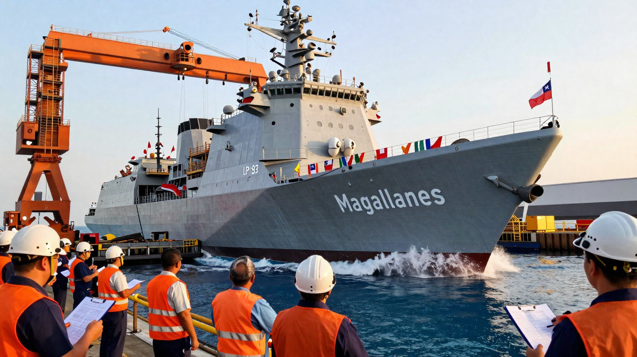 Navio de guerra Magallanes atracado em porto com trabalhadores em coletes e capacetes observando.
