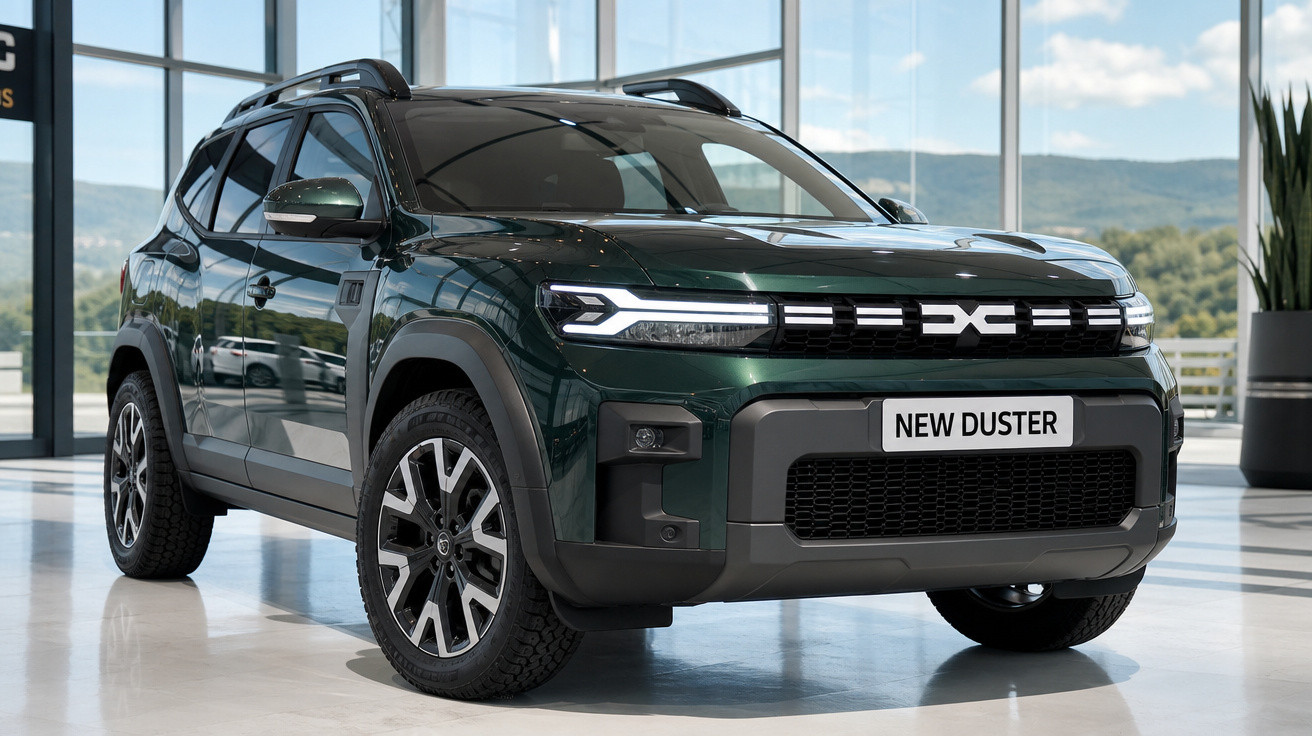 SUV verde escuro Renault New Duster estacionado em ambiente interno com teto de vidro.