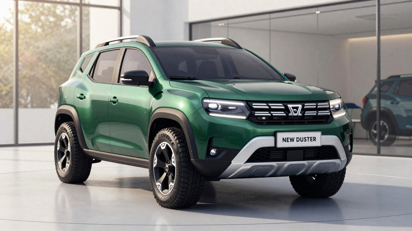 Carro SUV verde metálico Duster estacionado em ambiente interno com vidro refletindo o veículo.