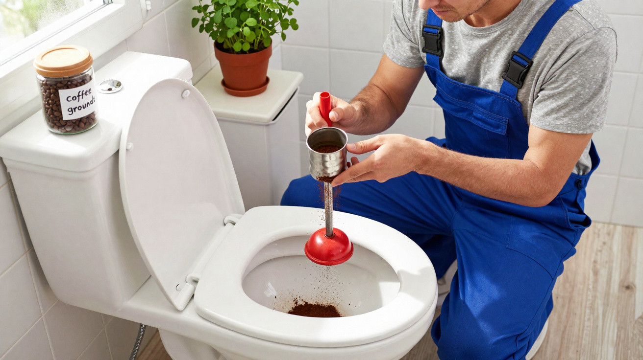 Homem com macacão azul usando um desentupidor em vaso sanitário branco em banheiro.