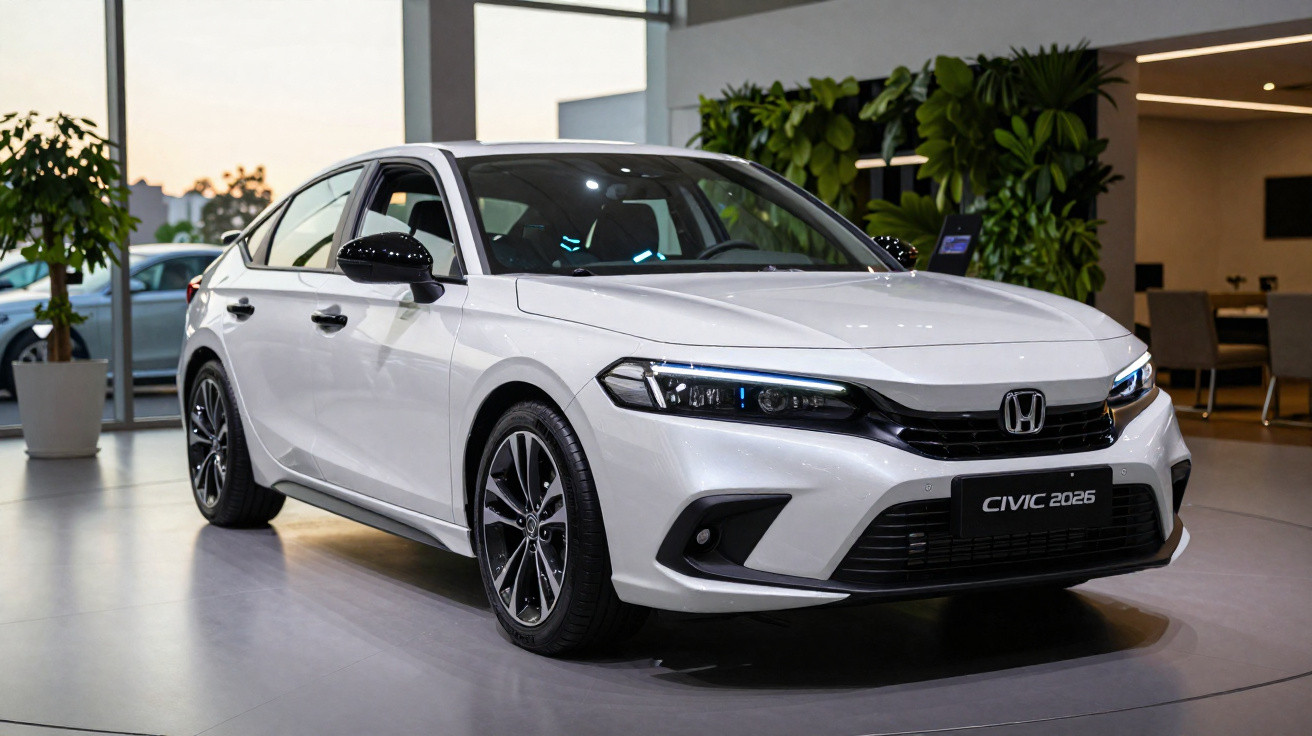Carro branco Honda Civic 2026 exibido em showroom moderno e iluminado.