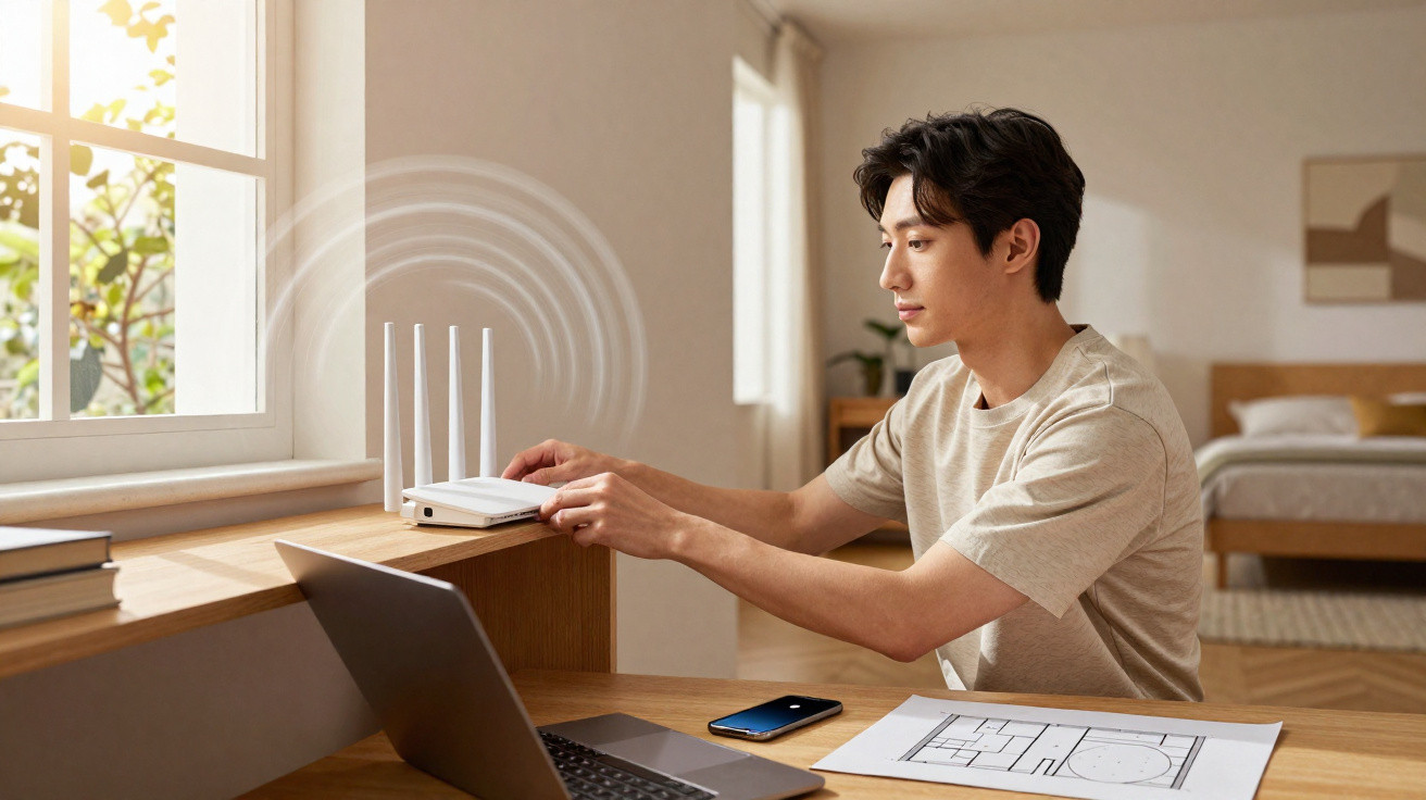 Homem ajustando roteador Wi-Fi perto de laptop e planta em ambiente iluminado e organizado.