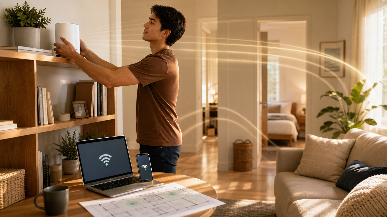 Homem instala roteador Wi-Fi em prateleira de sala moderna conectando dispositivos sem fio.