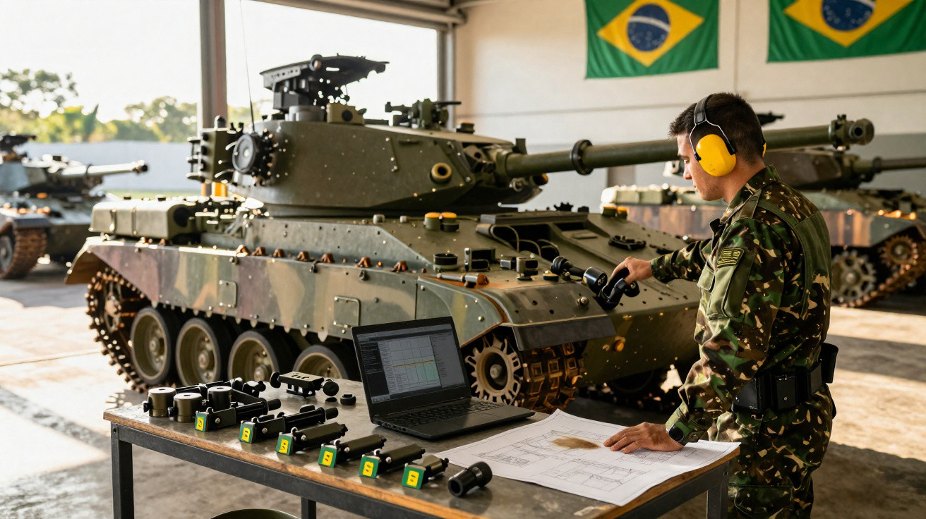 Soldado brasileiro com fones de proteção inspeciona tanque militar em oficina com bandeiras do Brasil ao fundo.