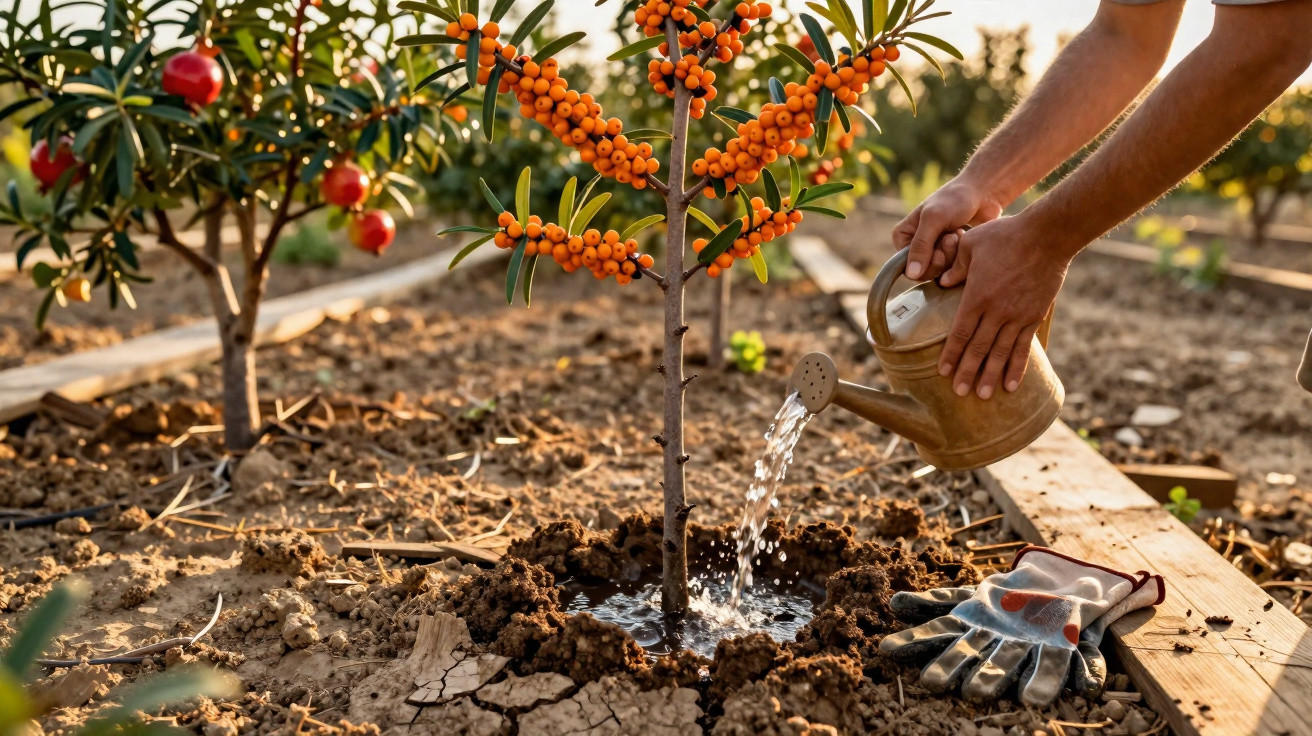 Pessoa regando uma muda de árvore com frutas alaranjadas em um jardim ensolarado.