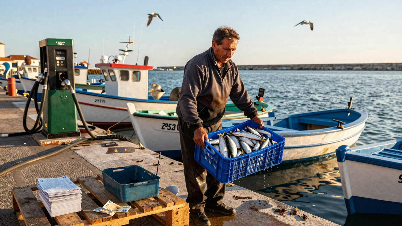 Pescador segurando caixa azul com peixes frescos no cais, barcos e gaivotas ao fundo no porto.