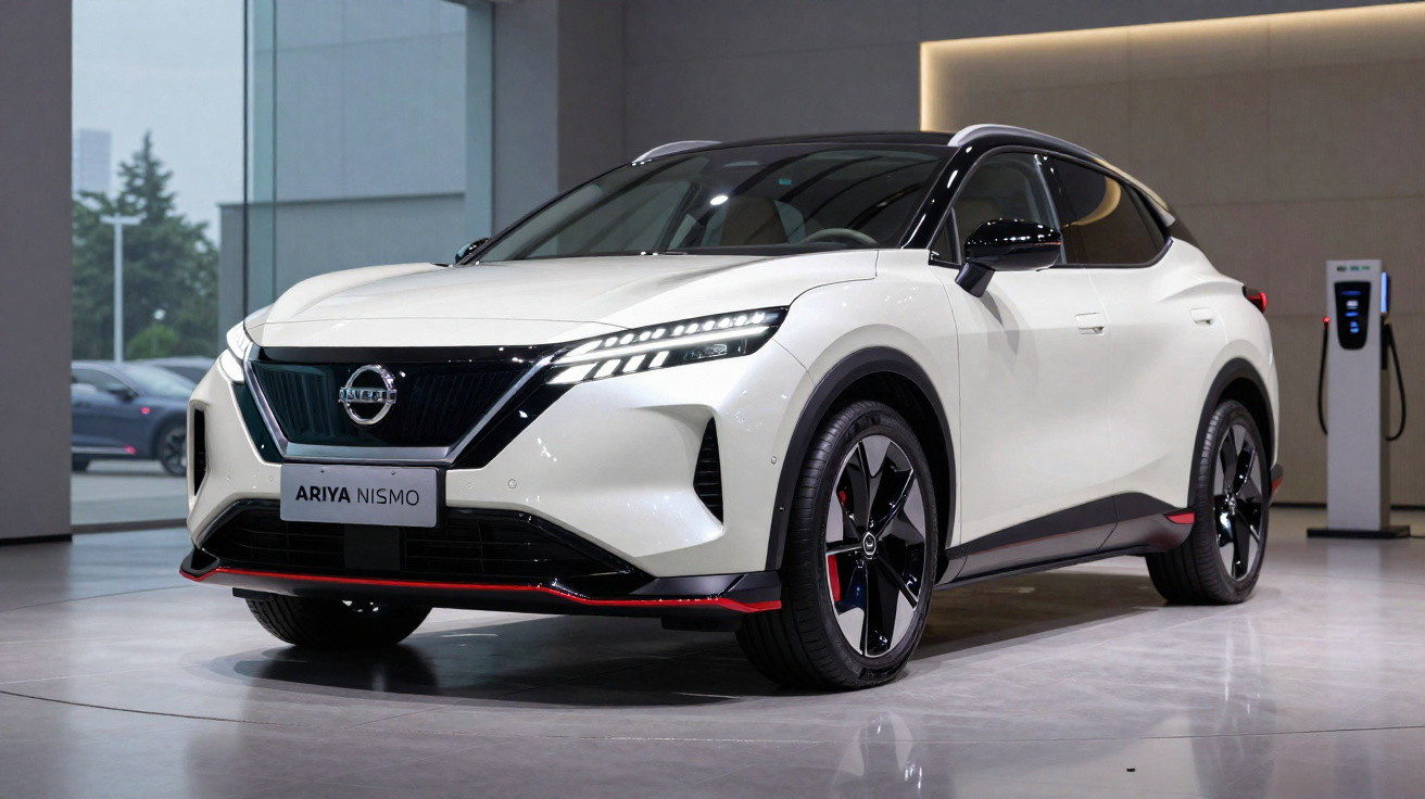 Carro elétrico Nissan Ariya Nismo branco exibido em showroom moderno com estação de carregamento ao fundo.