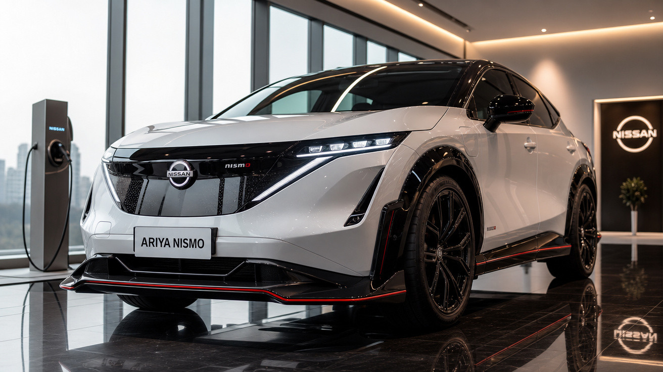 Carro elétrico Nissan Ariya Nismo branco em showroom moderno, com design aerodinâmico e detalhes em preto.