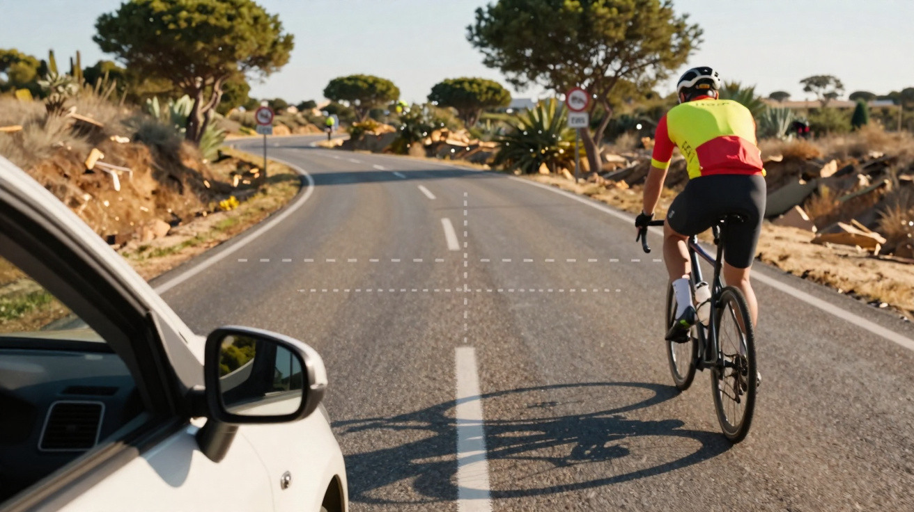 Ciclista de camisa vermelha e amarela pedalando à frente de carro branco em estrada ensolarada.