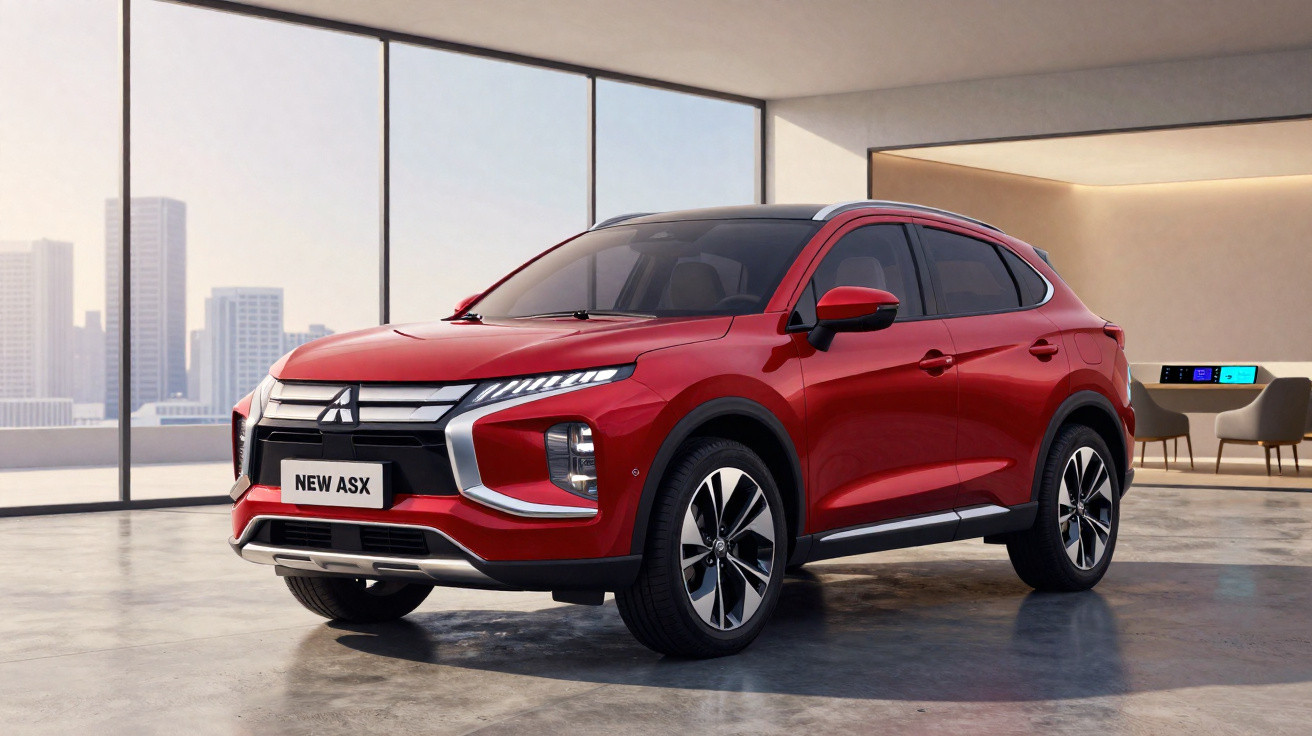 Carro SUV vermelho Mitsubishi New ASX estacionado em ambiente interno moderno com janela ampla.