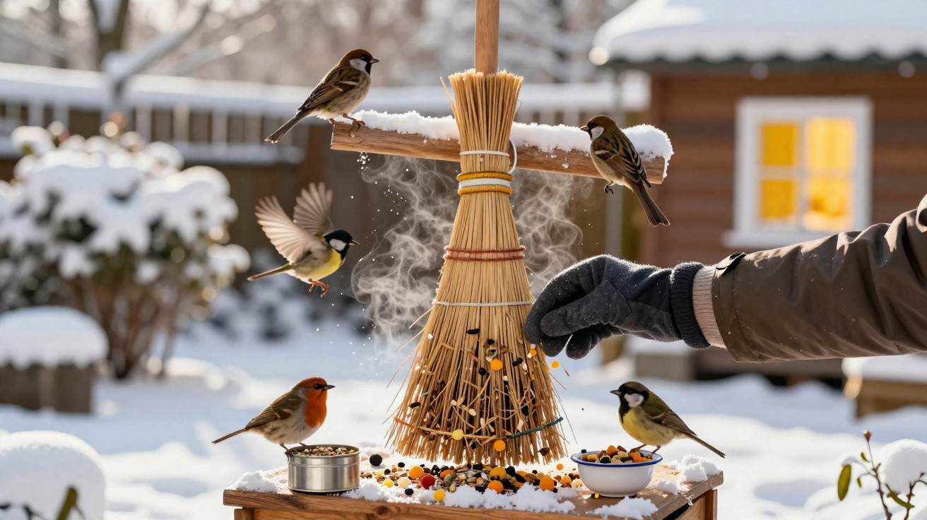 Pássaros se alimentam de sementes em suporte decorativo de palha com neve ao redor e mão alimentando.