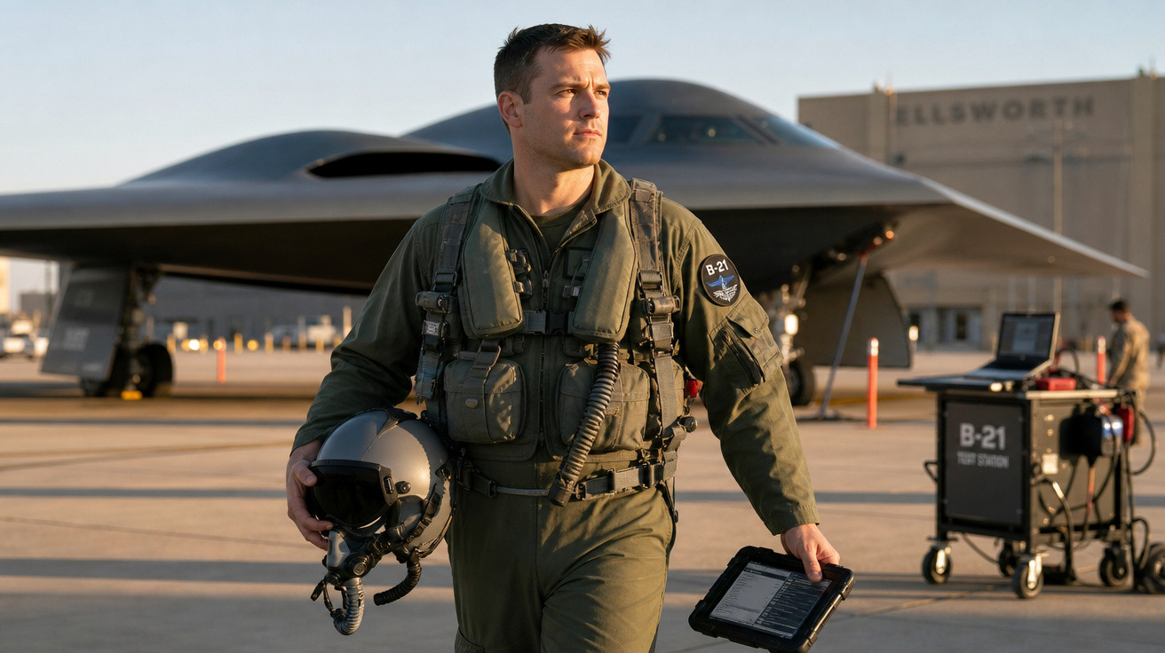 Piloto militar em uniforme verde segurando capacete e tablet, com avião furtivo B-21 ao fundo no aeroporto.