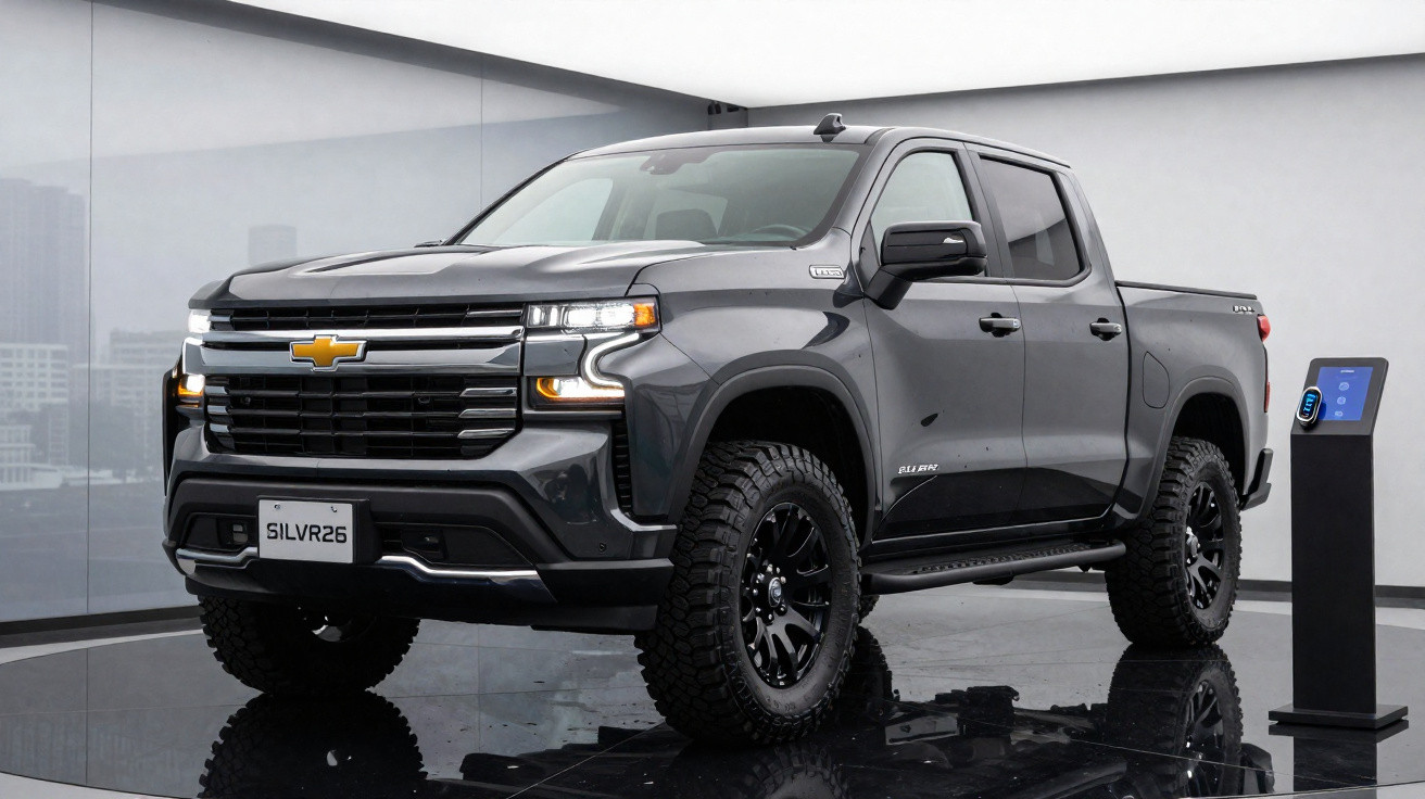 Picape Chevrolet Silverado cinza estacionada em ambiente interno com pedestal digital ao lado direito.