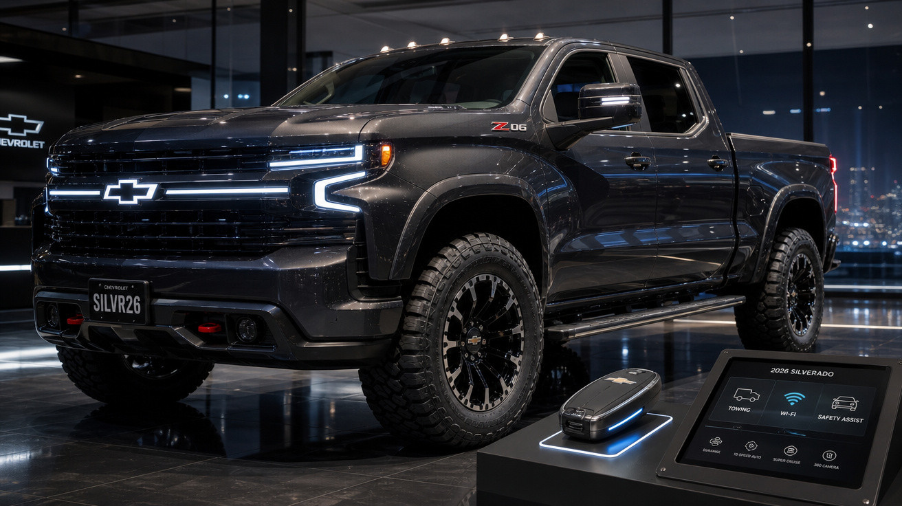 Picape Chevrolet Silverado 2023 preta exposta em showroom moderno com controle e tela touchscreen.