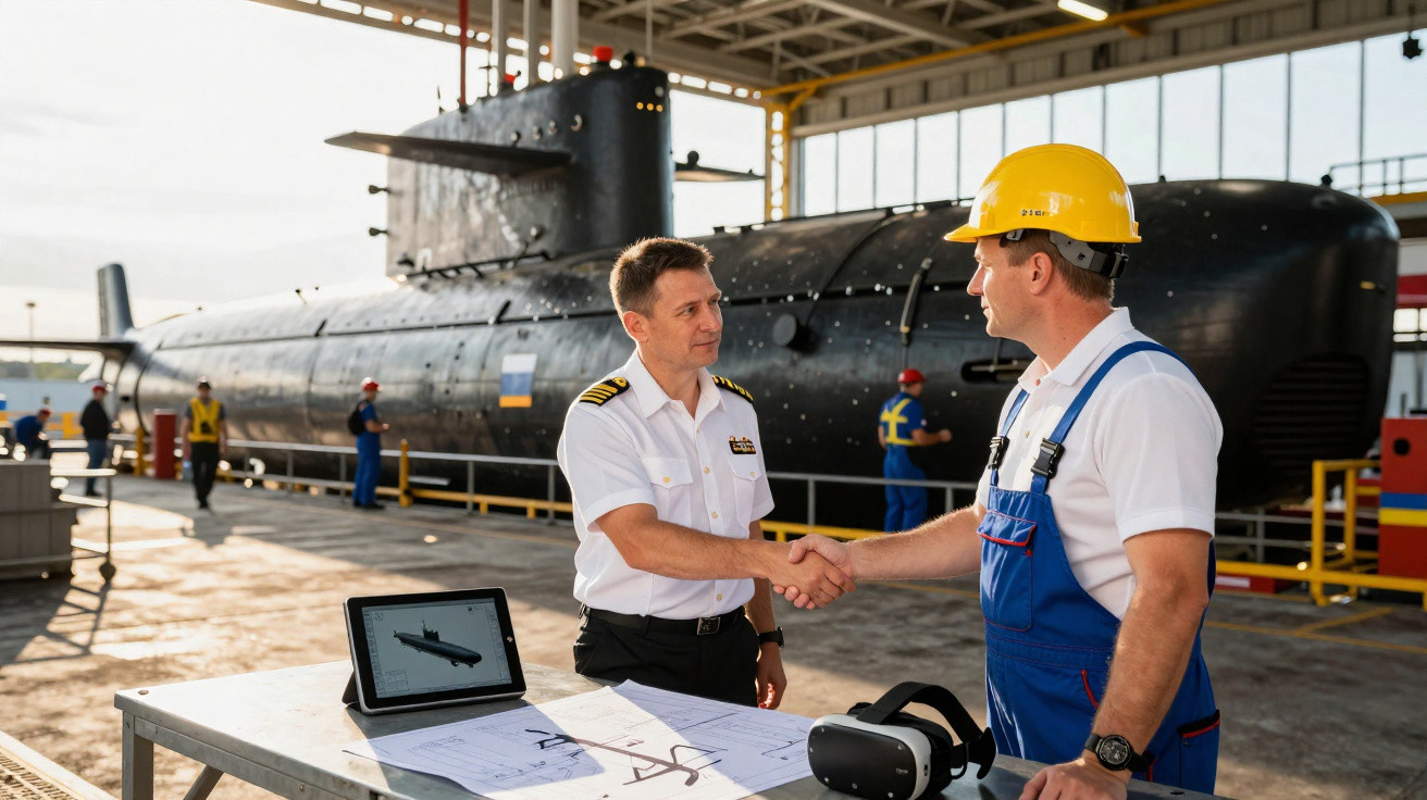 Dois homens, um comandante e um engenheiro com capacete, apertam as mãos em estaleiro naval com submarino ao fundo.