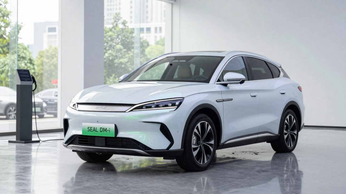 Carro elétrico branco modelo Seal DM-i estacionado em ambiente interno, próximo a estação de recarga.