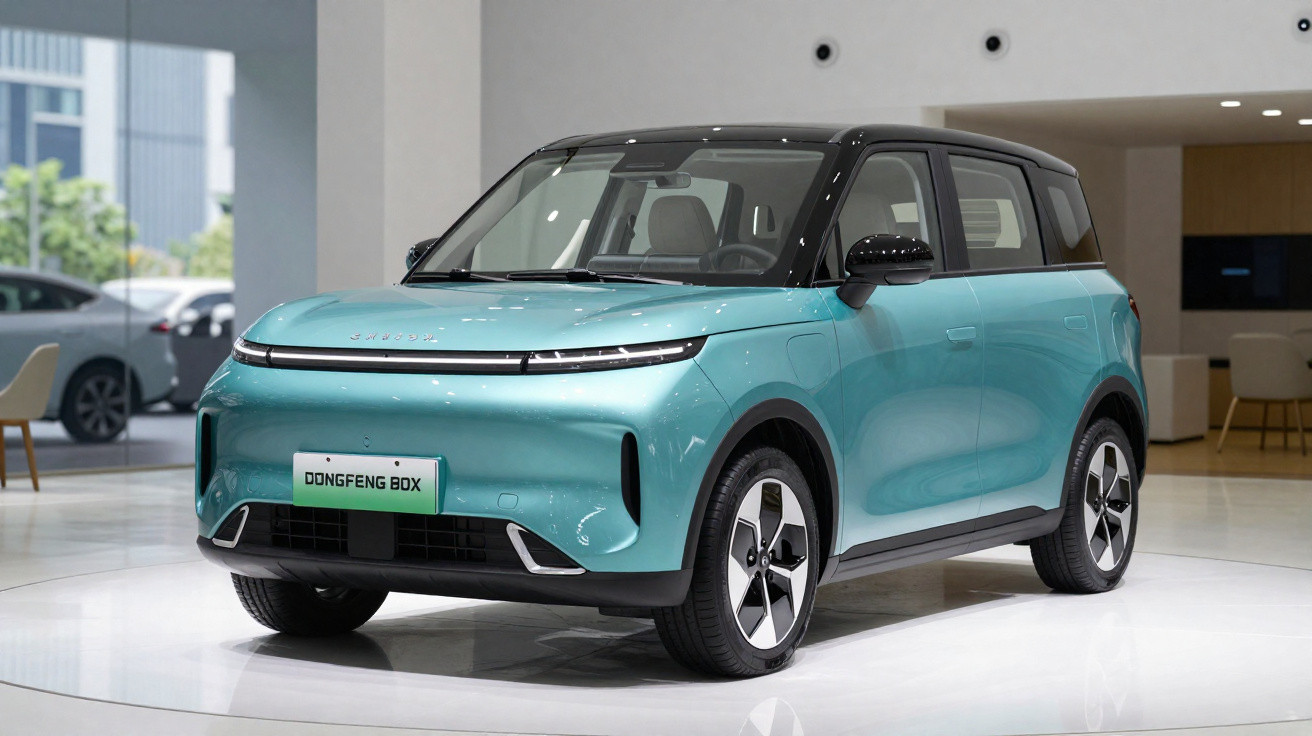 Carro elétrico Dongfeng Box verde água com teto preto exibido em salão de exposições moderno.