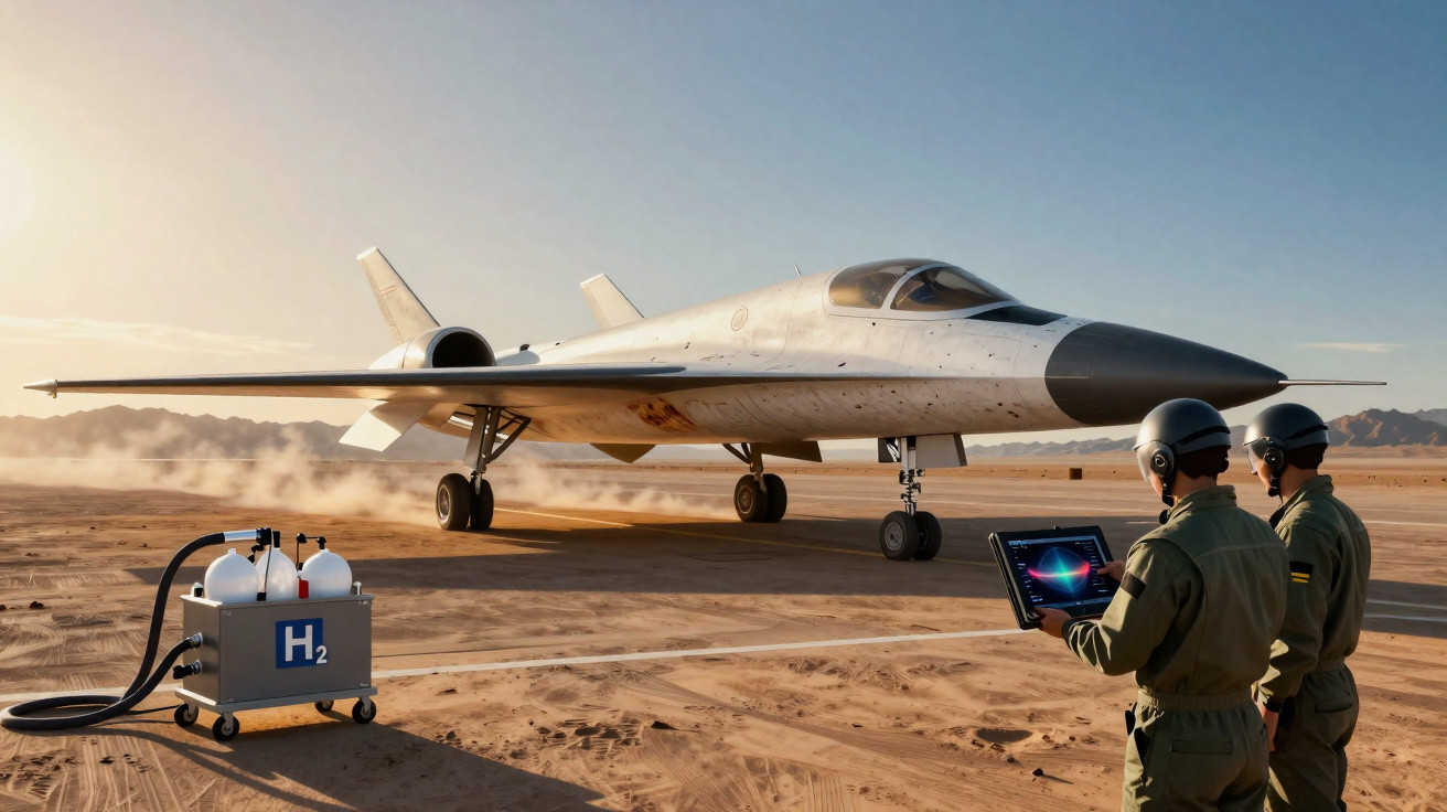 Avião futurista em pista de deserto com dois técnicos e equipamento de abastecimento de hidrogênio H2.