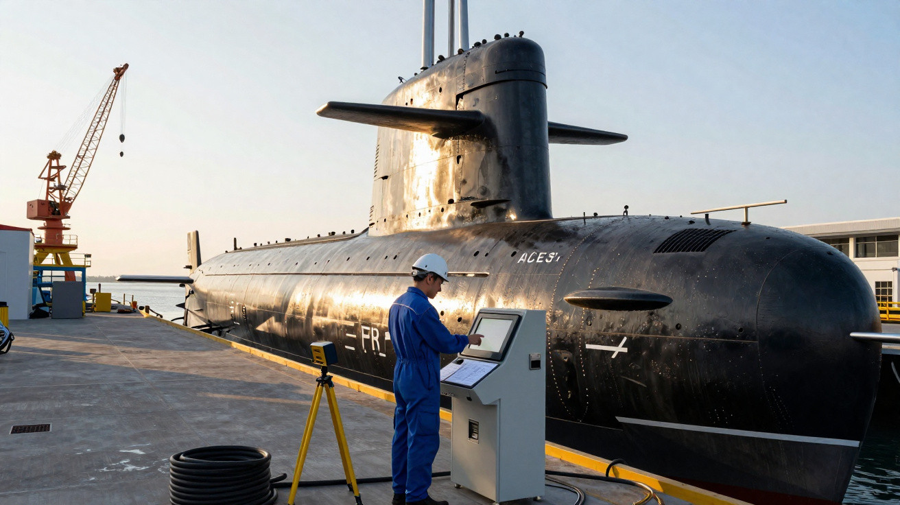 Homem com macacão azul e capacete branco opera painel eletrônico próximo a submarino preto atracado no porto.