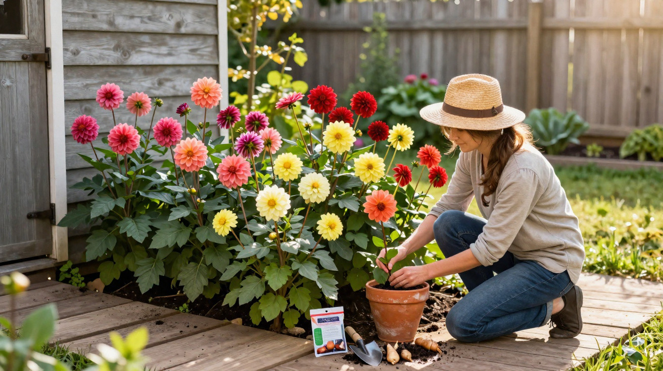 Mulher com chapéu plantando flores coloridas em vaso no jardim ao lado de casa em dia ensolarado.