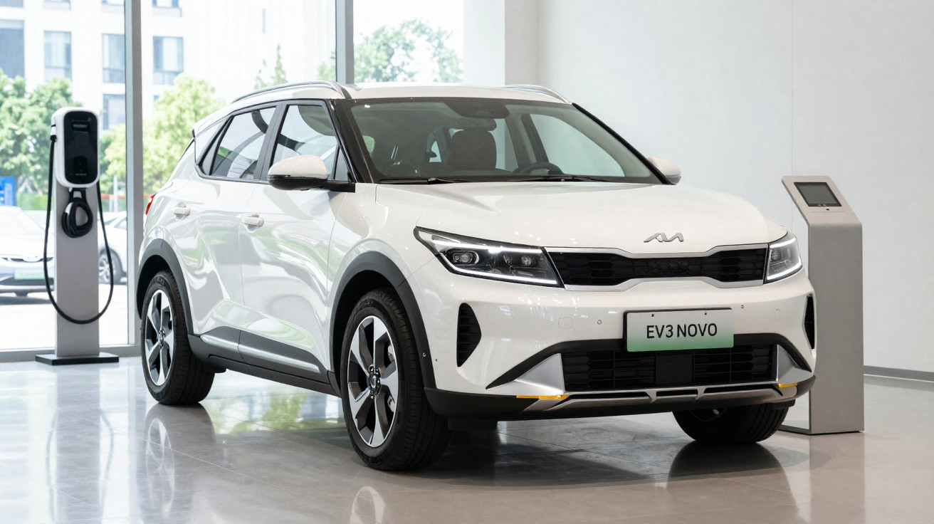 Carro elétrico branco Kia EV3 Novo estacionado em showroom moderno com estação de recarga ao fundo.