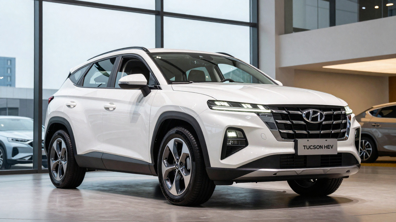 Carro SUV Hyundai Tucson HEV branco exibido em showroom moderno com grandes janelas de vidro.