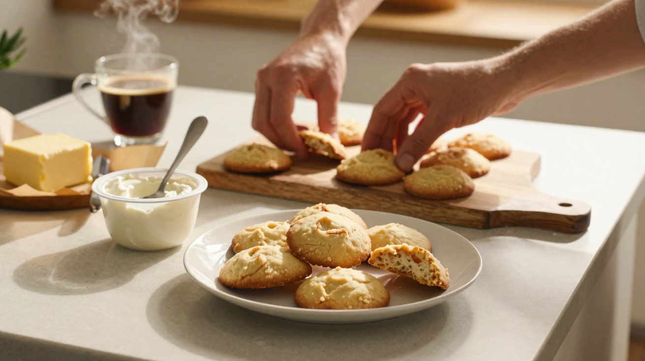 Biscoitos com pedaços de amêndoa em prato e tábua, manteiga, creme e café quente na bancada da cozinha.