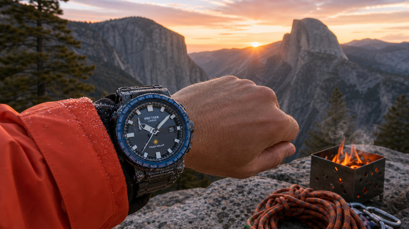 Mão com relógio Casio Pro Trek em primeiro plano, lava de fogueira e corda sobre pedra, montanhas ao fundo no pôr do sol.