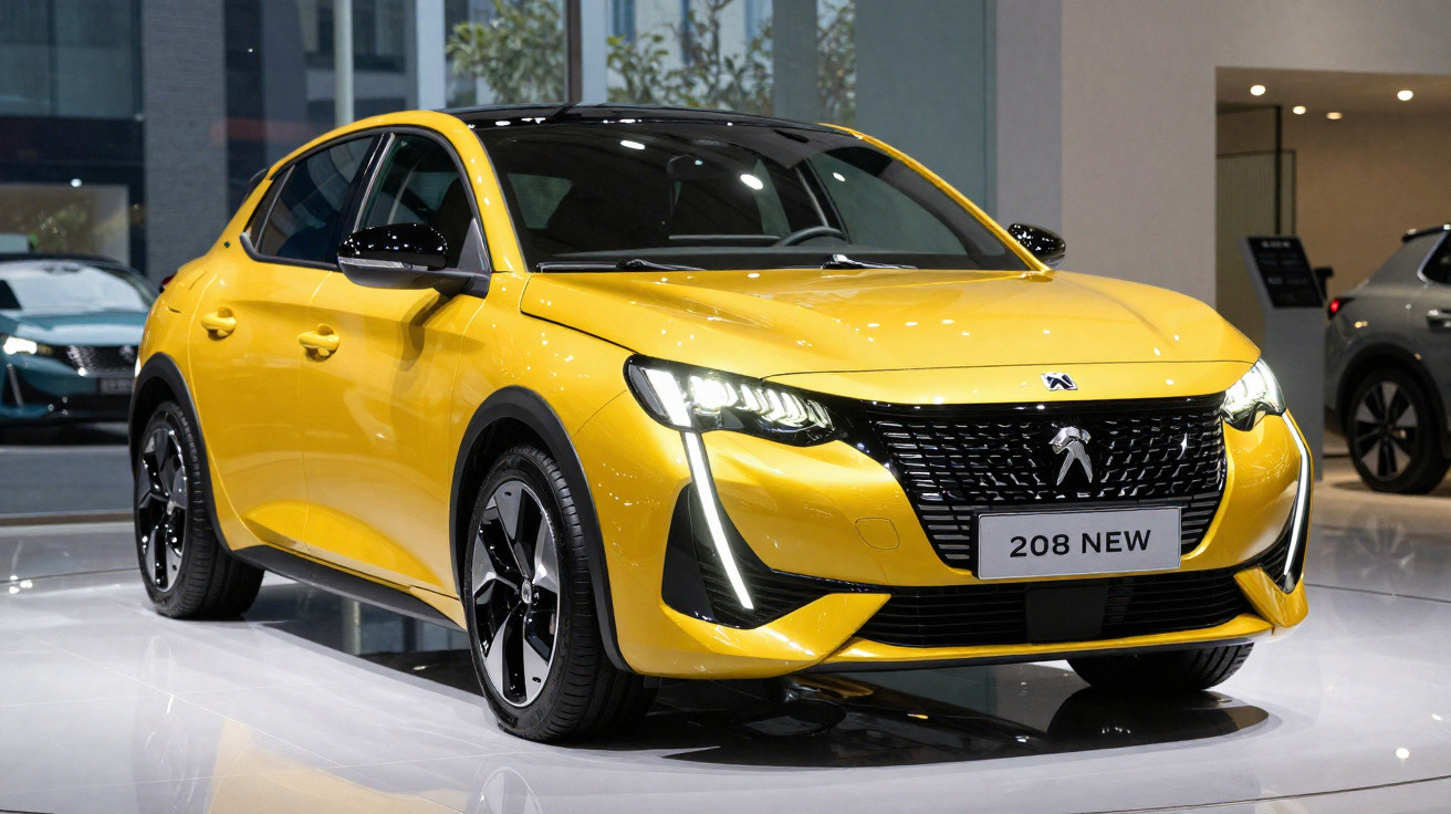 Carro hatch amarelo Peugeot 208 New em exposição com faróis acesos e teto preto.