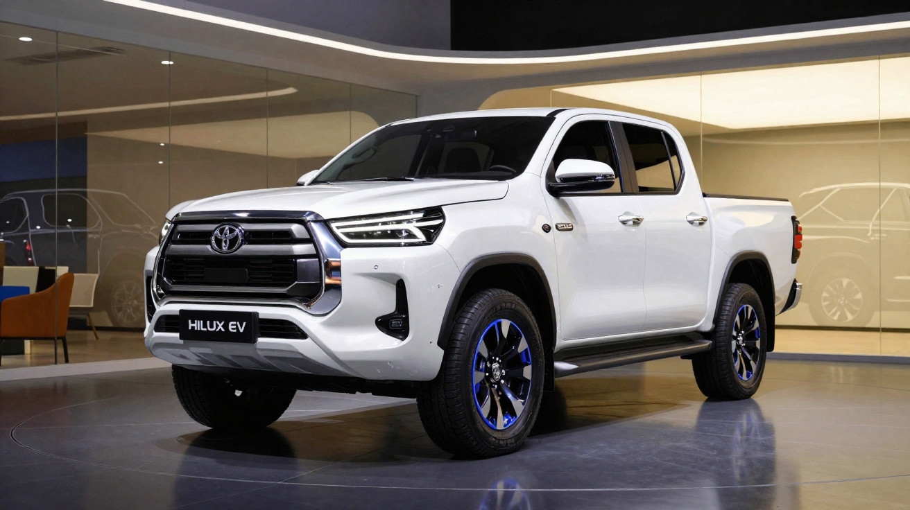 Picape Toyota Hilux EV branca exibida em showroom moderno com iluminação suave.