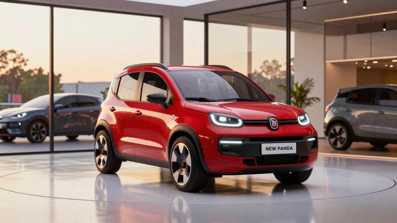Carro vermelho Fiat New Panda em destaque em showroom moderno com outras duas cores de veículos ao fundo.