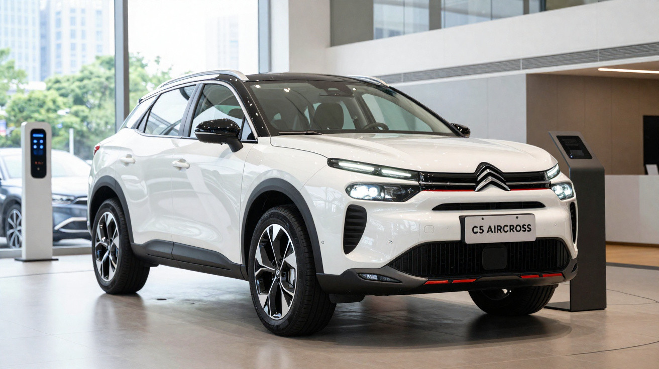 Carro SUV branco Citroën C5 Aircross exibido em showroom moderno com iluminação natural.