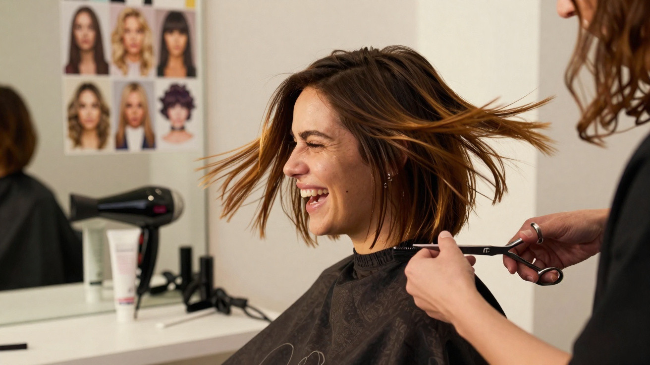 Mulher sorridente cortando cabelo em salão de beleza com imagens de cortes na parede ao fundo.