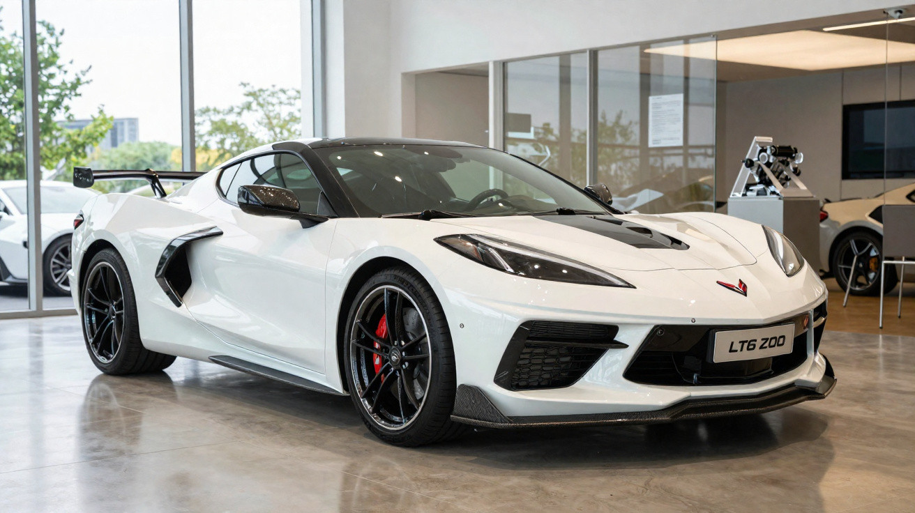 Carro esportivo branco Chevrolet Corvette LT6 Z00 estacionado em showroom moderno e iluminado.