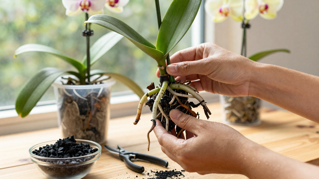 Mãos transplantando orquídea com raízes expostas sobre mesa de madeira com vaso e ferramentas ao fundo.