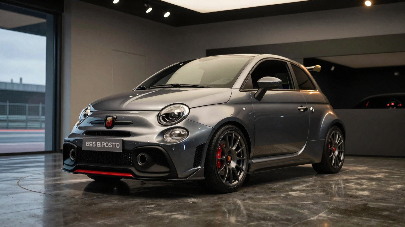 Carro esportivo cinza Abarth 695 Biposto em exposição em ambiente interno com piso refletivo.