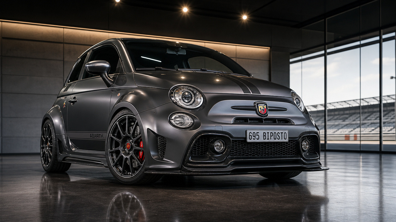 Carro esportivo cinza escuro Abarth 695 Biposto exibido em garagem com piso refletivo e iluminação âmbar.