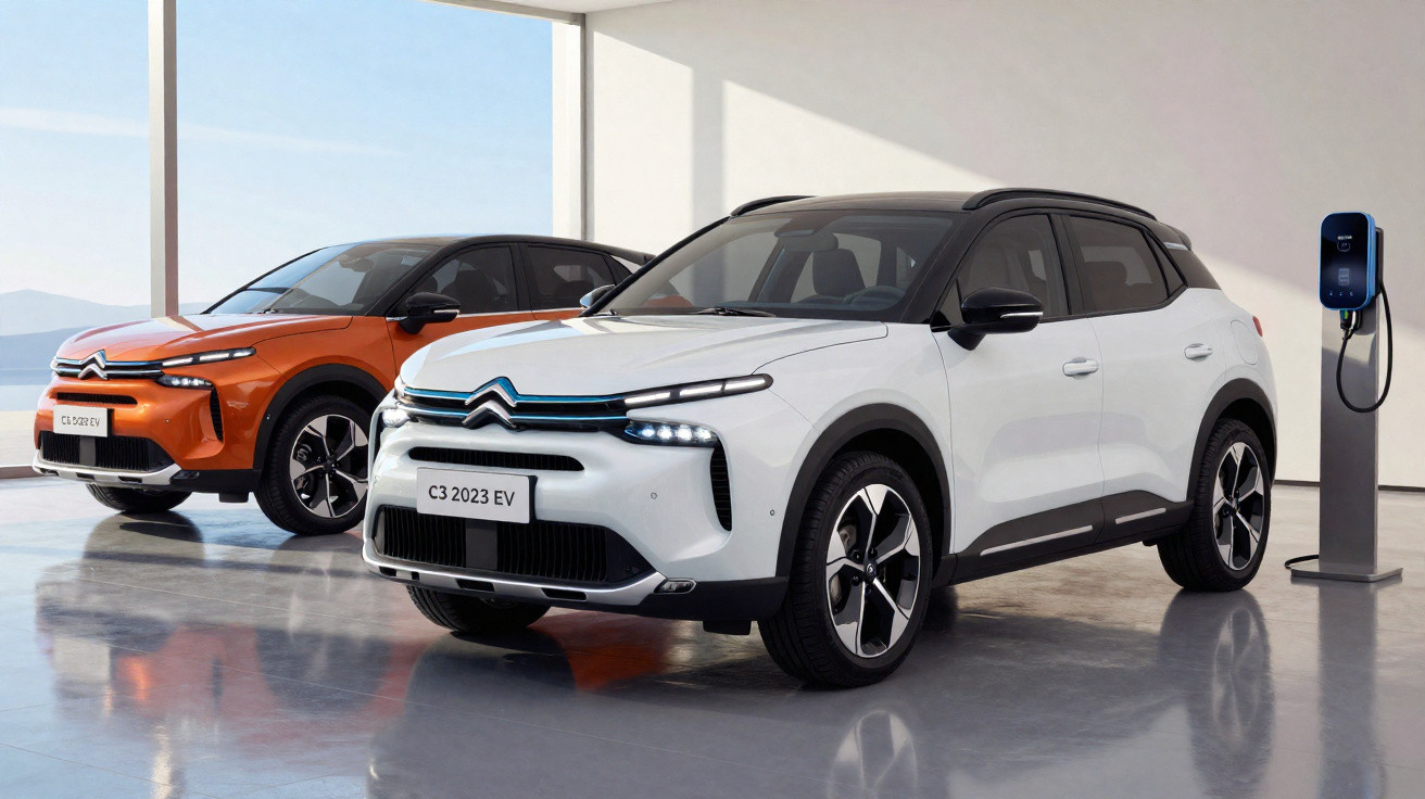 Dois carros elétricos Citroën C3 2023 EV, nas cores branca e laranja, em área de recarga interna.