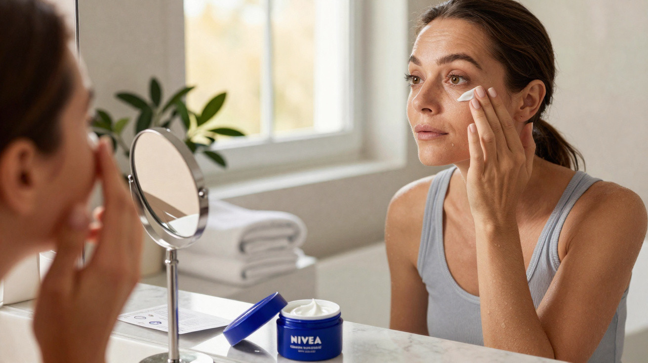 Mulher aplicando creme no rosto diante de espelho em banheiro com pote de Nivea sobre a pia.