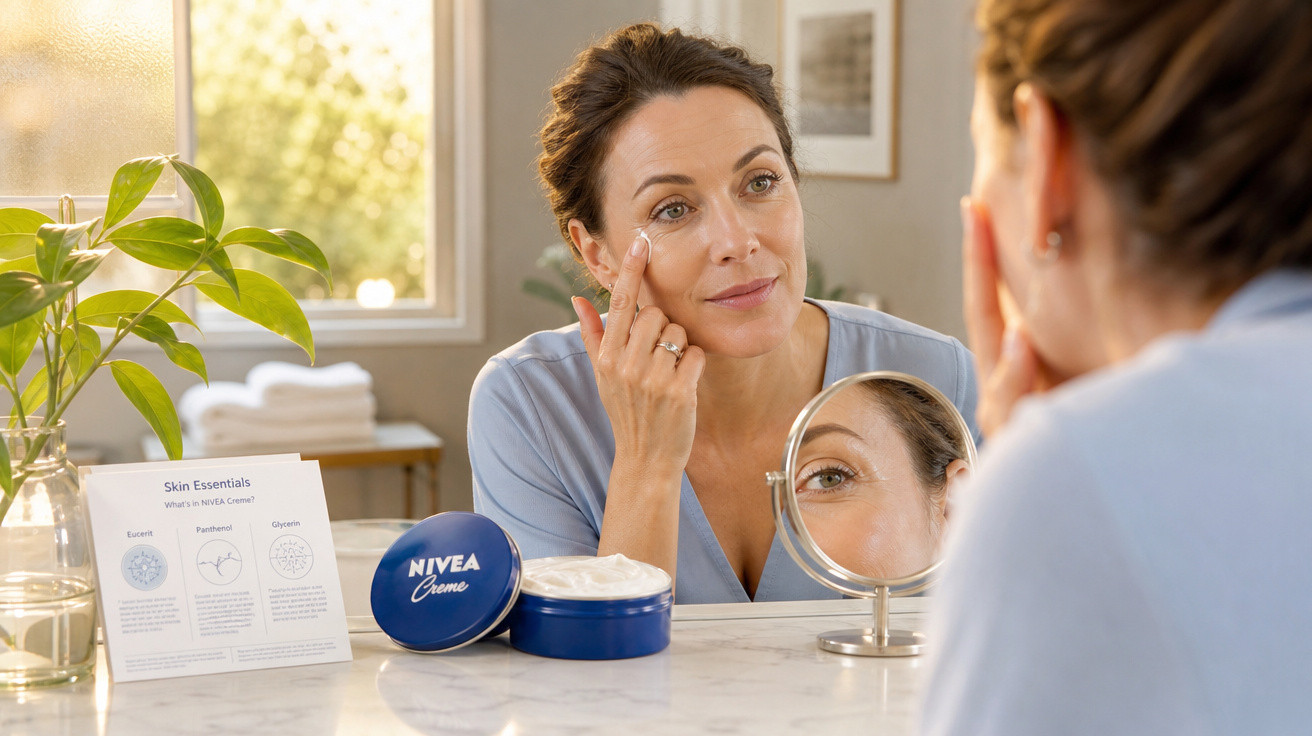 Mulher aplica creme facial Nivea Creme na pele, olhando no espelho apoiada em bancada com planta.