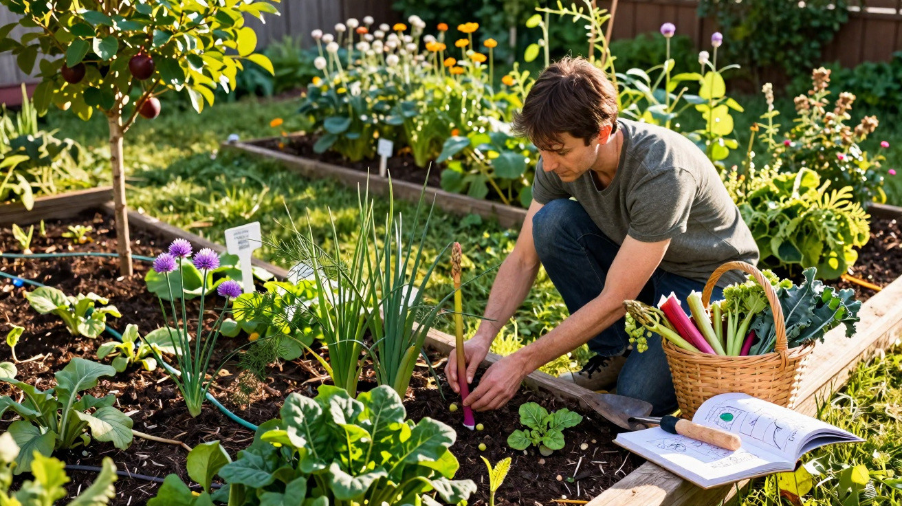 Homem cuidando de horta com legumes e flores, ao lado cesto com vegetais e livro aberto no chão.