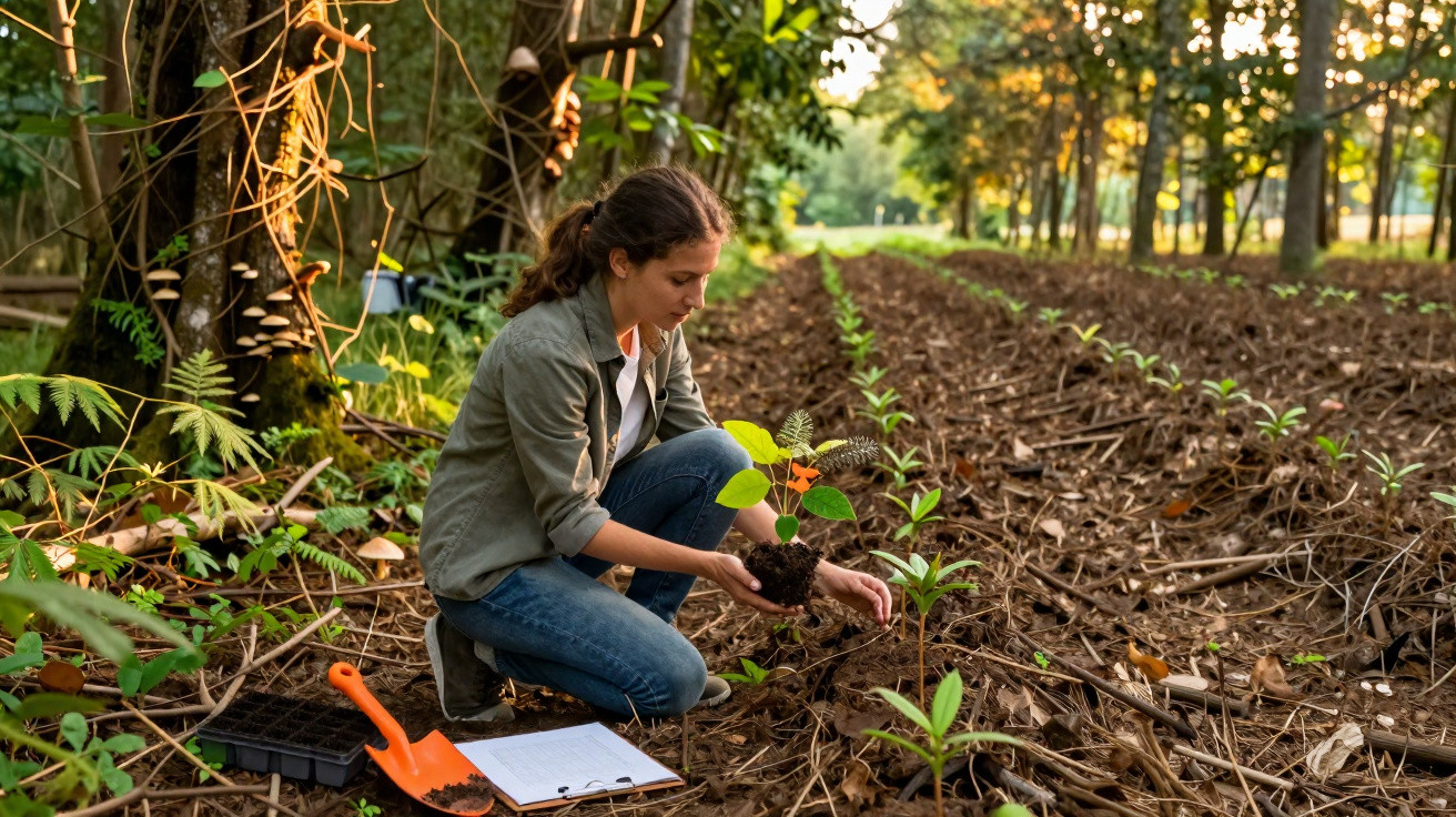 Mulher plantando muda em campo com pequenos brotos, cercada por árvores ao amanhecer.