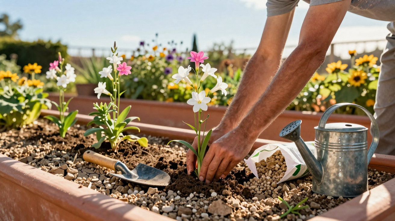 Pessoa plantando flores brancas e rosas em canteiro com regador e pá ao lado em jardim ensolarado.