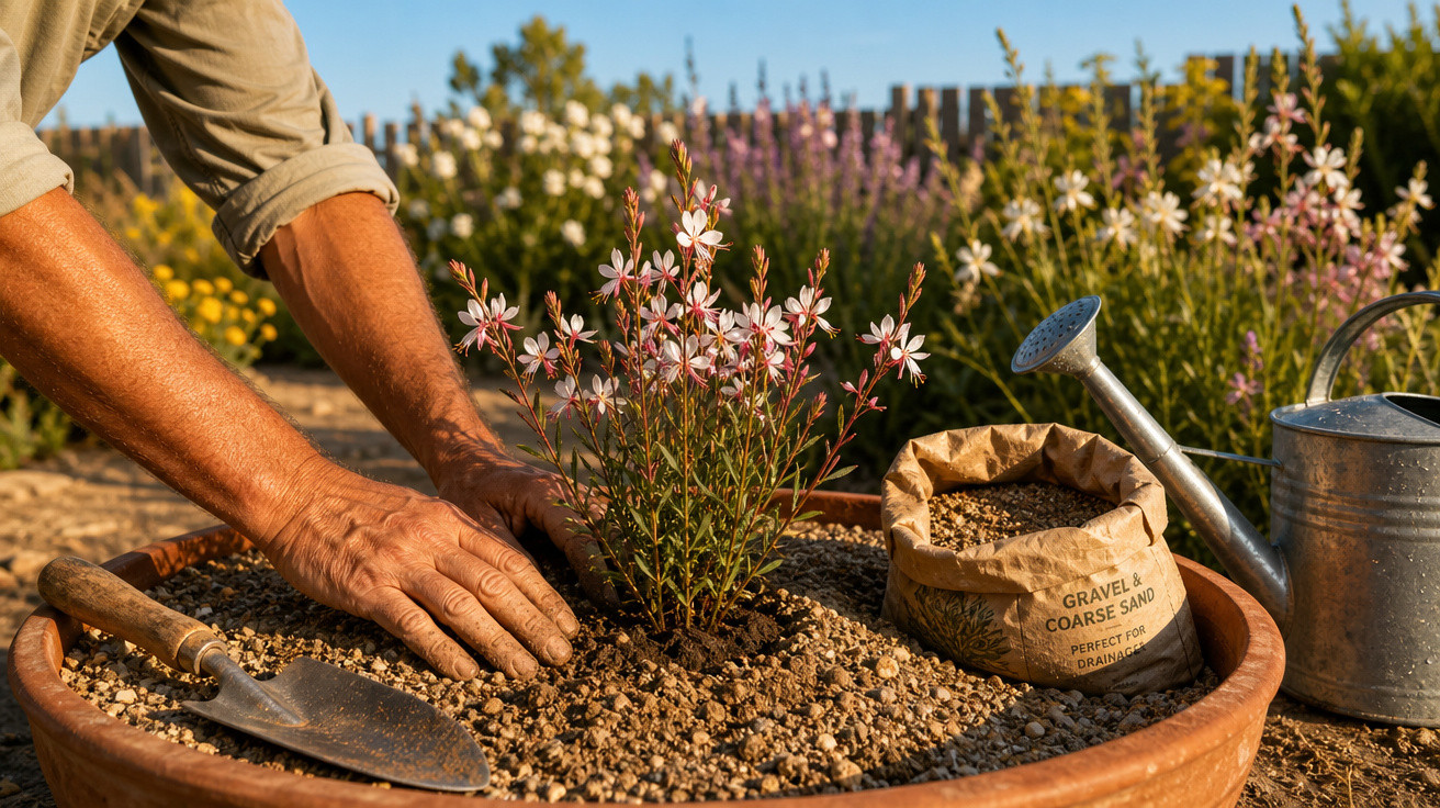 Mãos plantando flor branca com centro rosa em vaso com terra, pá, saco de areia grossa e regador metálico.