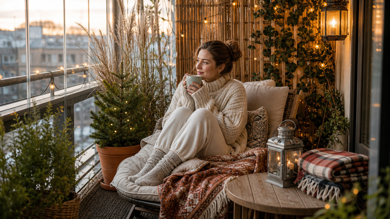 Mulher relaxando com suéter e meia, tomando chá na varanda decorada com plantas e luzes ao entardecer.