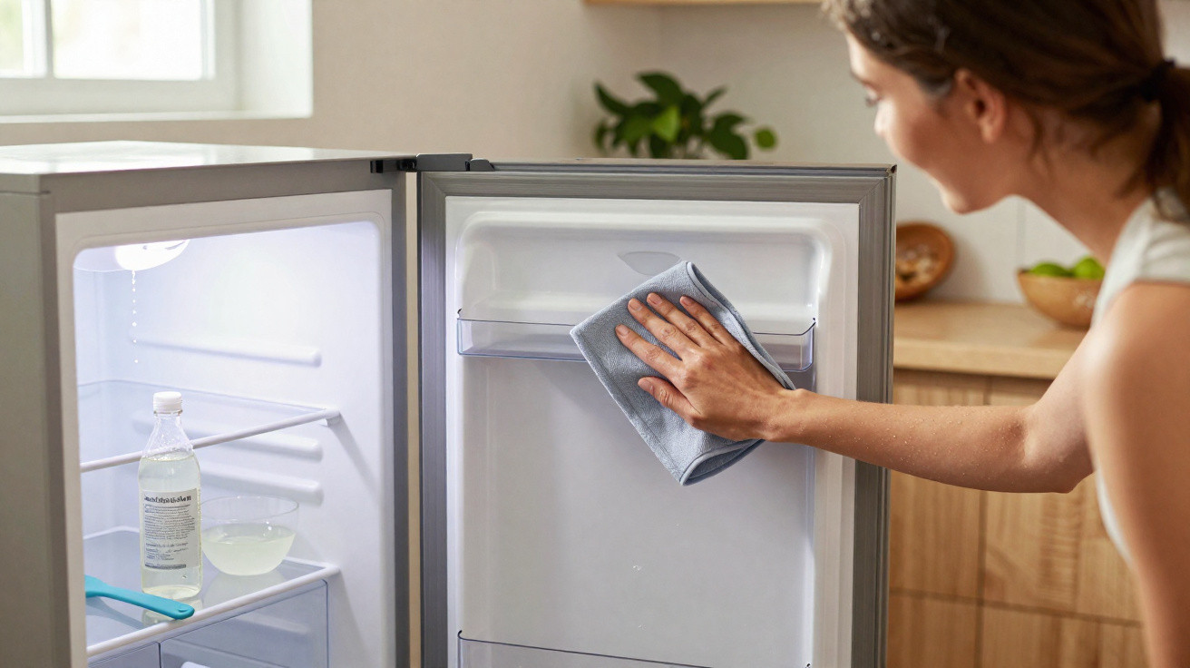 Pessoa limpando a porta interna de uma geladeira aberta com um pano cinza em cozinha doméstica.