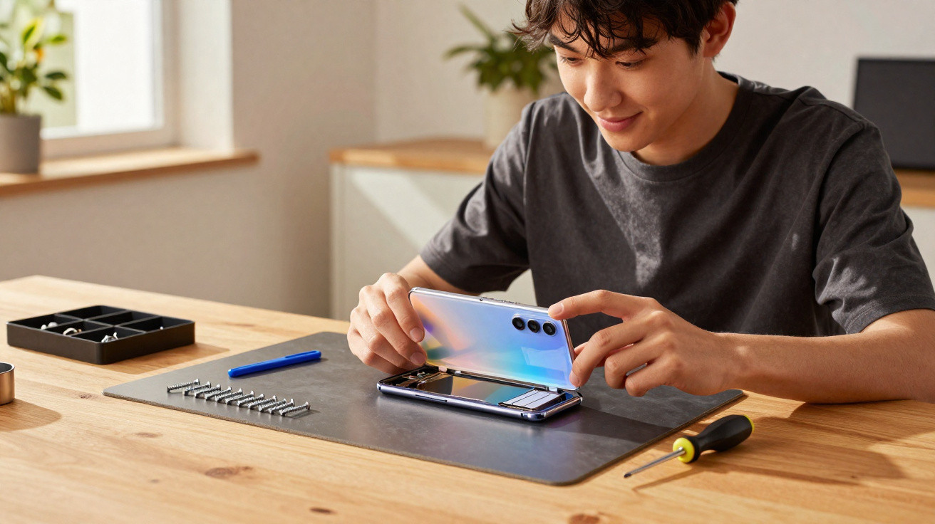 Jovem montando ou consertando um smartphone em mesa de madeira com ferramentas ao redor.