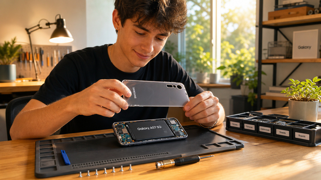 Jovem monta smartphone Galaxy A53 5G em mesa organizada com ferramentas e peças eletrônicas.