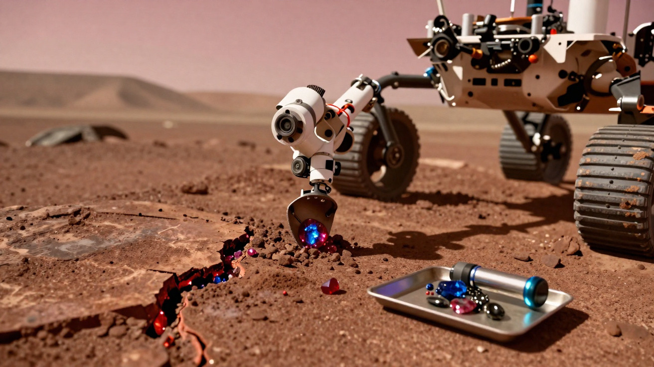 Rover explorando solo marciano com equipamentos coletando pedras preciosas brilhantes no ambiente avermelhado.